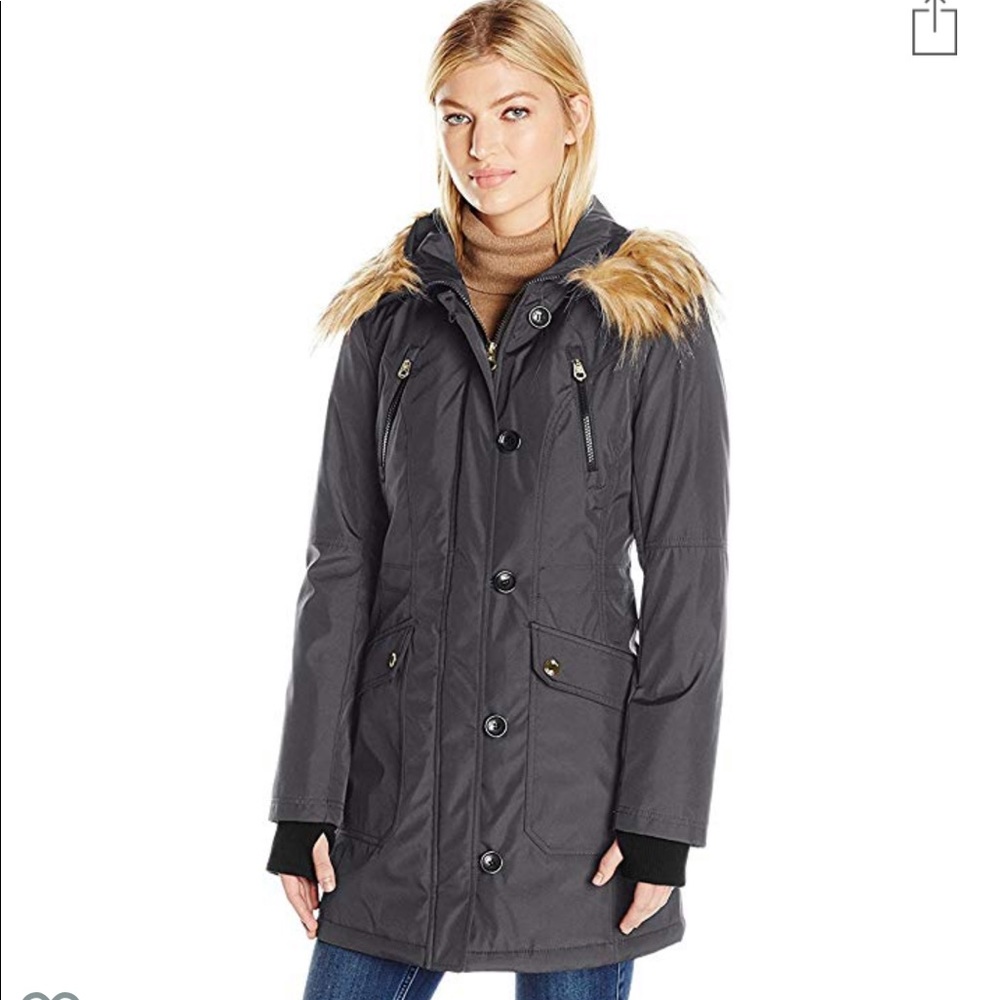 Jessica Simpson Faux Fur Hooded Parka Charcoal